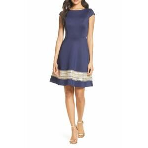 Lilly Pulitzer Klara Dress Navy Blue Gold Metallic Applique Fit Flare Cap Sleeve